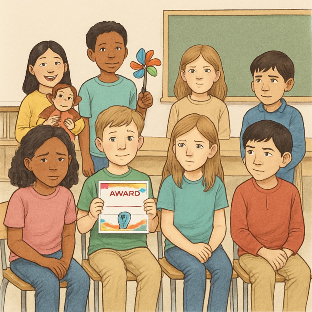 Children in a classroom with some holding special fundraiser rewards while others look on without them, highlighting the psychological impact of tiered fundraising. Classroom scene showing children with fundraiser rewards and others without, emphasizing social divides.