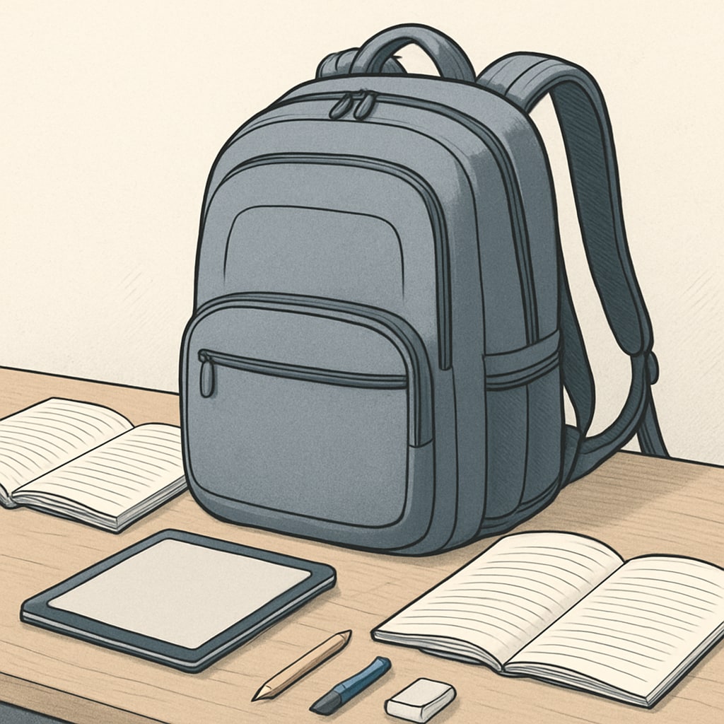 A modern college backpack featuring laptop compartments and ergonomic straps, placed on a desk with notebooks and a tablet. A college backpack showing compartments for digital devices and textbooks.