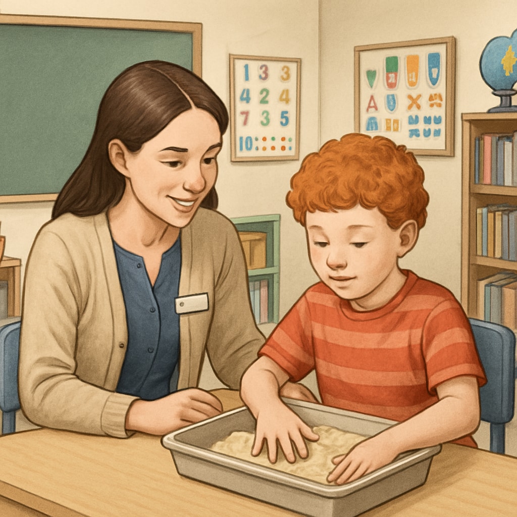 A classroom with a teaching assistant helping a child with autism work on a sensory activity, reflecting support and engagement. A teaching assistant interacting with a child with autism in a sensory-friendly classroom.