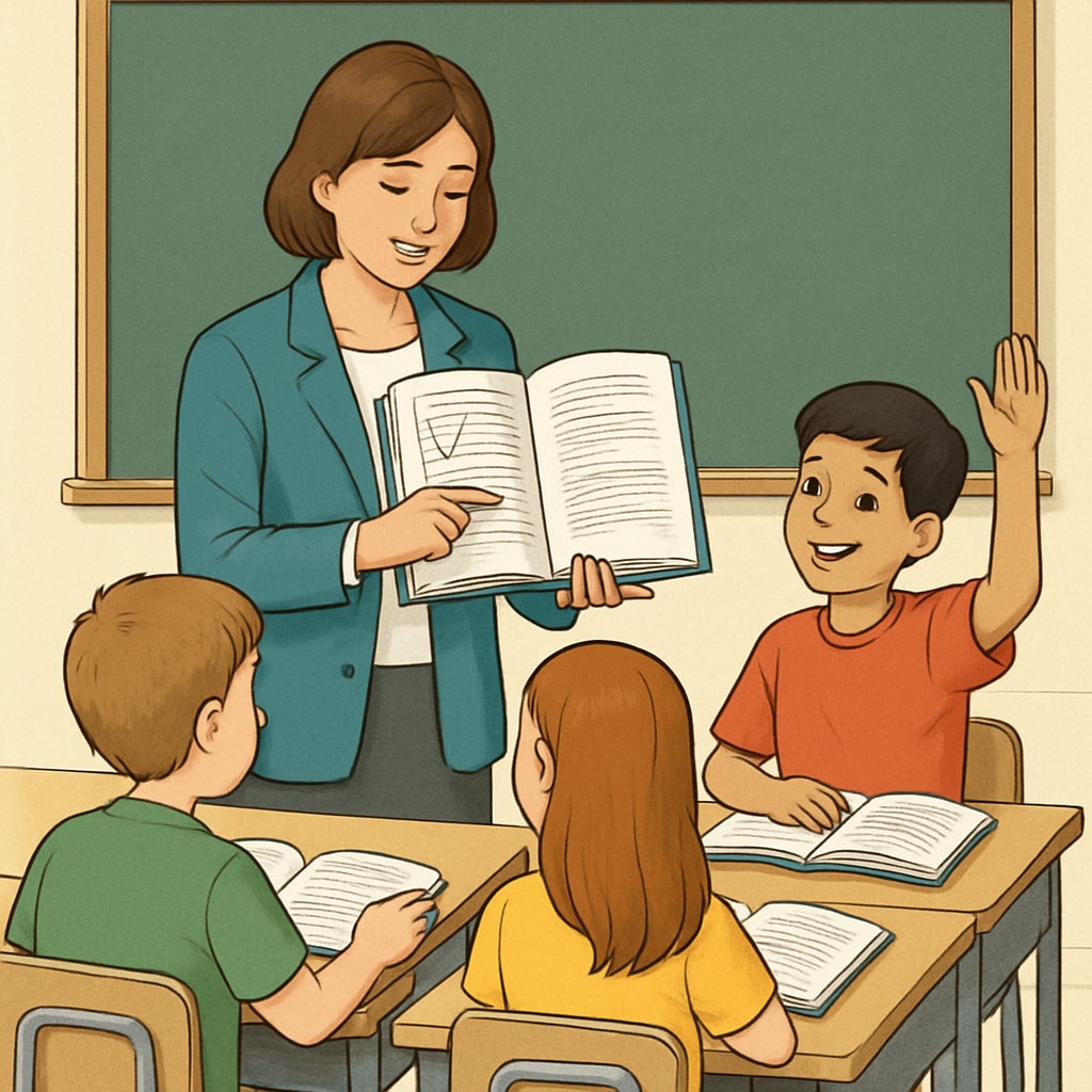 A teacher and students engaging with a physical textbook in a classroom setting, demonstrating the importance of structured learning materials. Students and teacher interacting with a