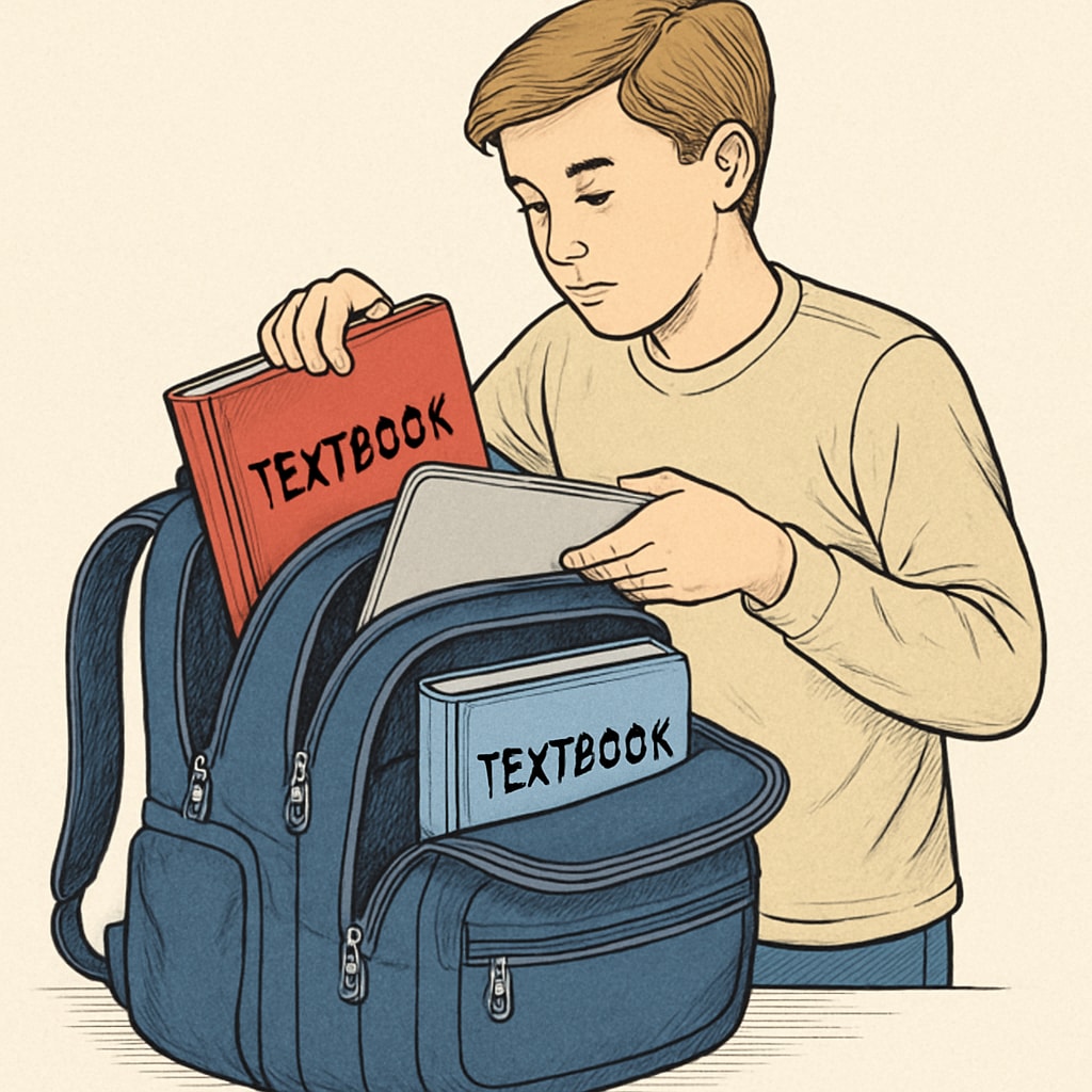 A student organizing textbooks and a laptop into a spacious, multi-compartment backpack, demonstrating storage versatility. A student using a practical backpack for organizing traditional and digital tools.