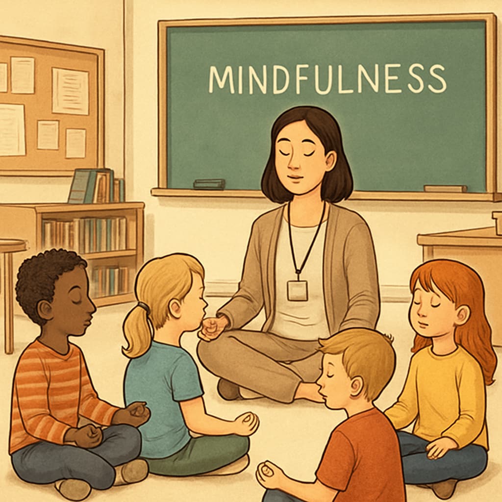 A teaching assistant engaging in a mindfulness exercise with children, emphasizing calm and focus in the classroom. A teaching assistant practicing mindfulness with children in a special education setting.