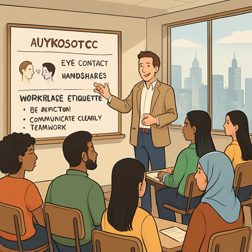 A workshop in New York City where international students learn about American cultural norms and workplace etiquette. Workshop for international students on cultural adaptation in New York.