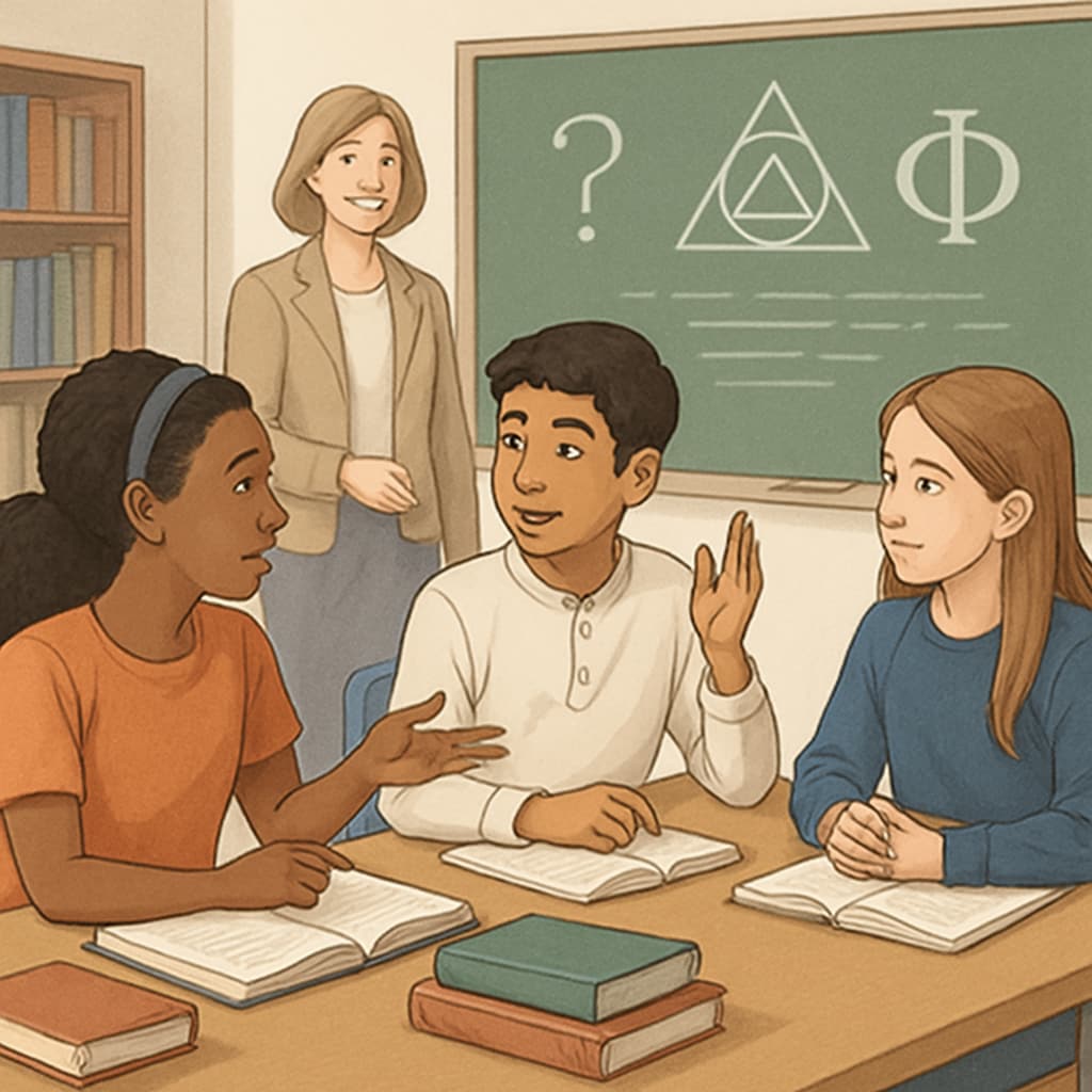 A group of diverse students engaging in a discussion about philosophical concepts in a classroom setting. Students discussing philosophy and psychology concepts in a classroom during a learning session.