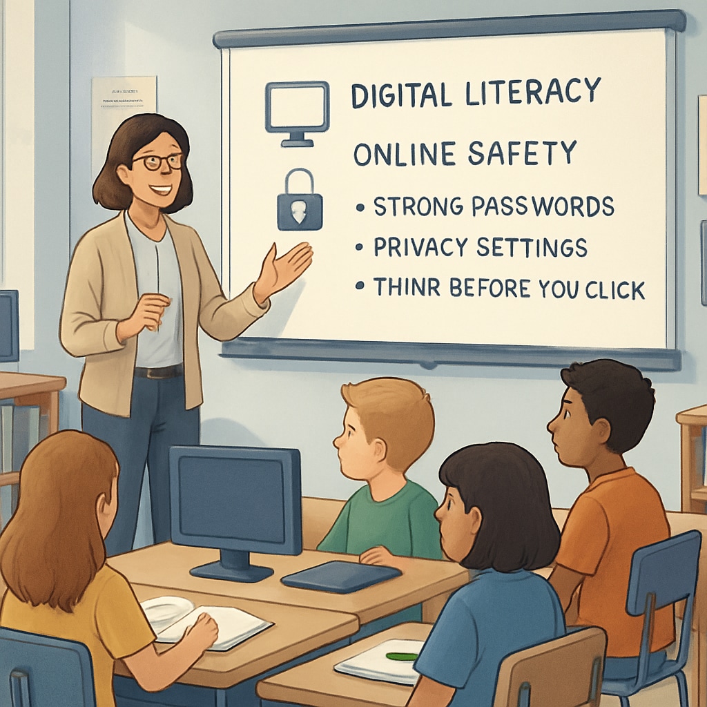A classroom setting where a teacher is conducting a workshop on digital literacy and online safety for students. Teacher leading a digital literacy session with students to address online safety.
