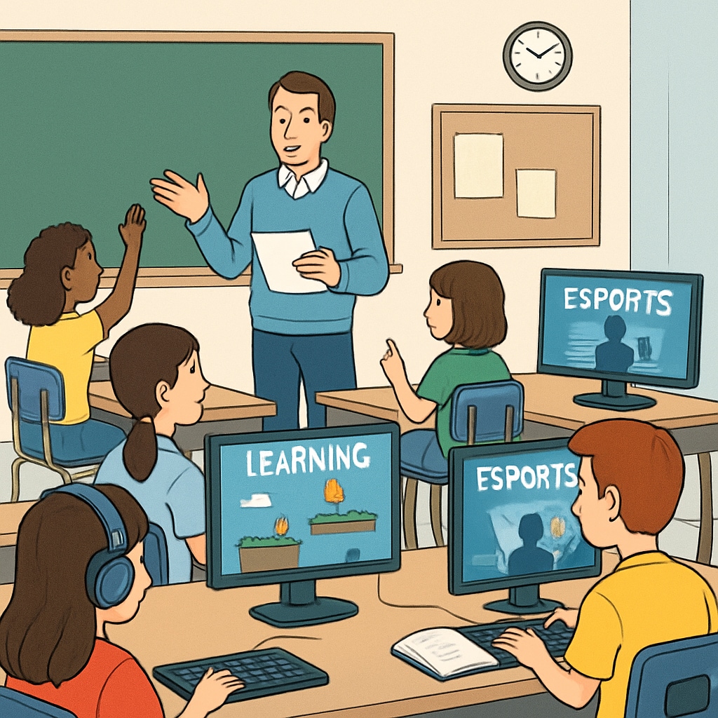 A classroom where students engage with esports-themed learning activities, including computers and educational gaming platforms. Students participating in esports-themed learning activities in a classroom setting.