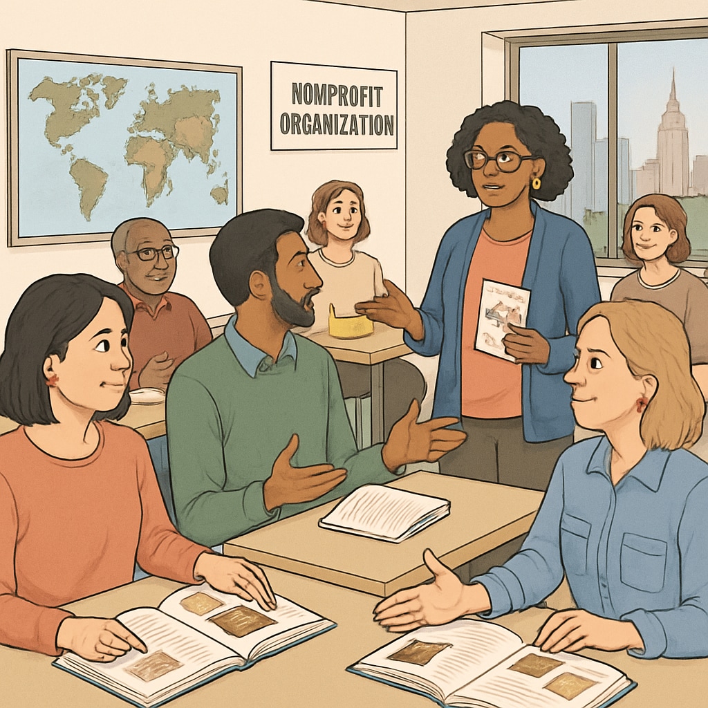Adult learners participating in a cultural education class at a New York nonprofit organization. Cultural education class for adult learners in New York.