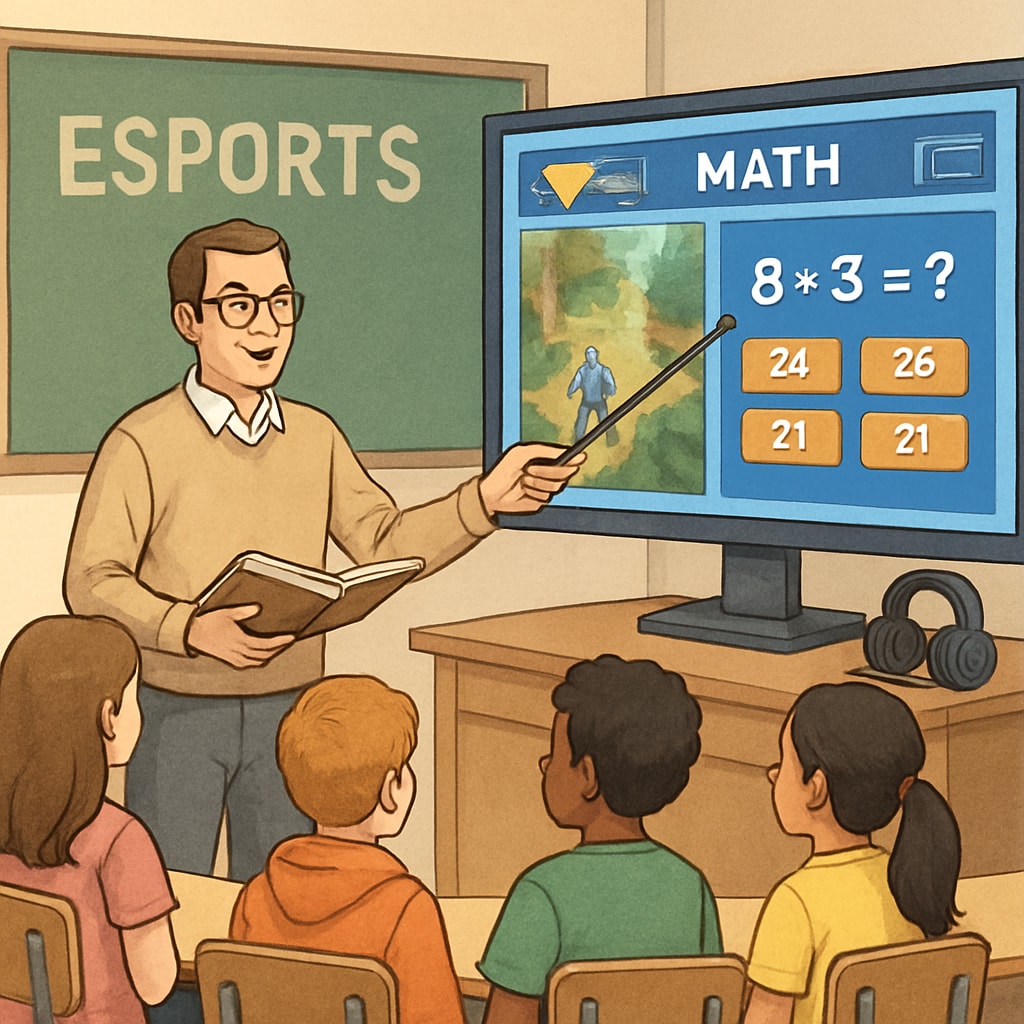 A teacher guiding students through a game-based math lesson using esports-themed tools and platforms. A teacher conducting a game-based math lesson with esports tools.