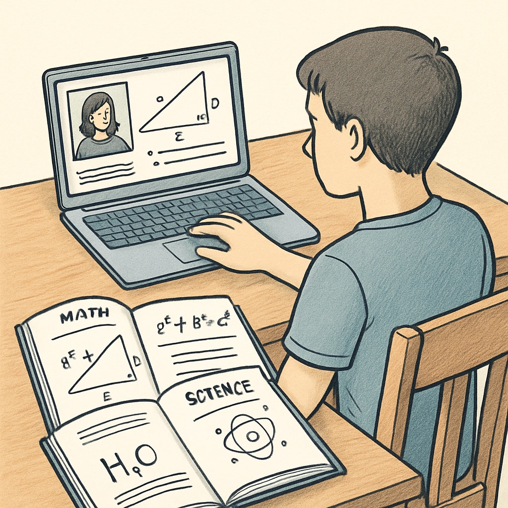 A student using a laptop with math and science textbooks open on the table, visually engaging with an online learning platform. Student studying math and science with digital resources and textbooks open.