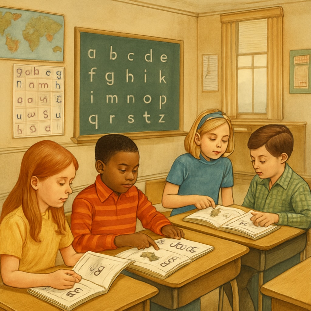 A classroom in the 1970s showing children learning with ITA materials. Children in a 1970s classroom using ITA teaching materials.