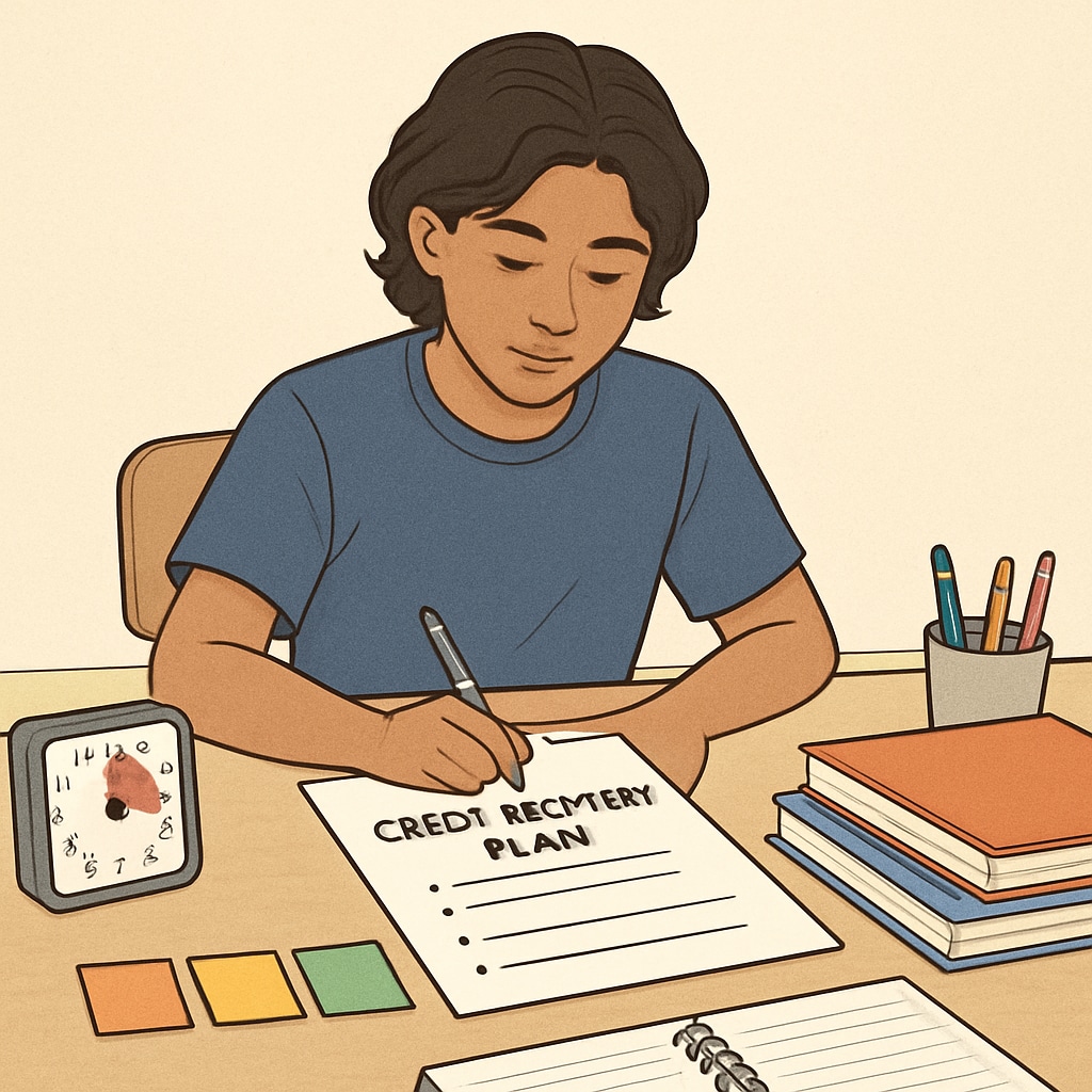 A high school student with ADHD working on a personalized credit recovery plan at their desk, surrounded by ADHD-friendly tools like a timer and color-coded notes. ADHD student creating a credit recovery plan with focus tools.