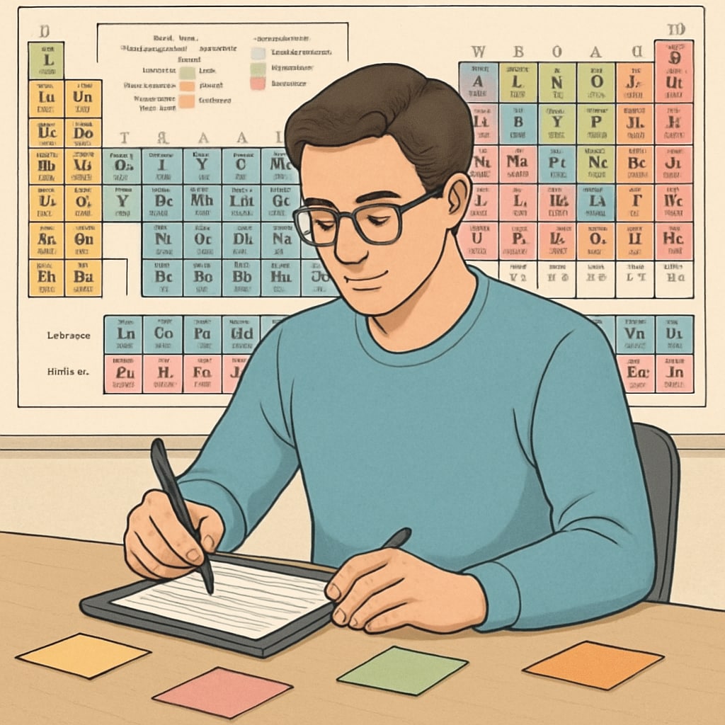 An adult learner taking notes from a tablet, surrounded by colorful sticky notes and a periodic table in the background. Adult learner reviewing science concepts with notes and a periodic table.