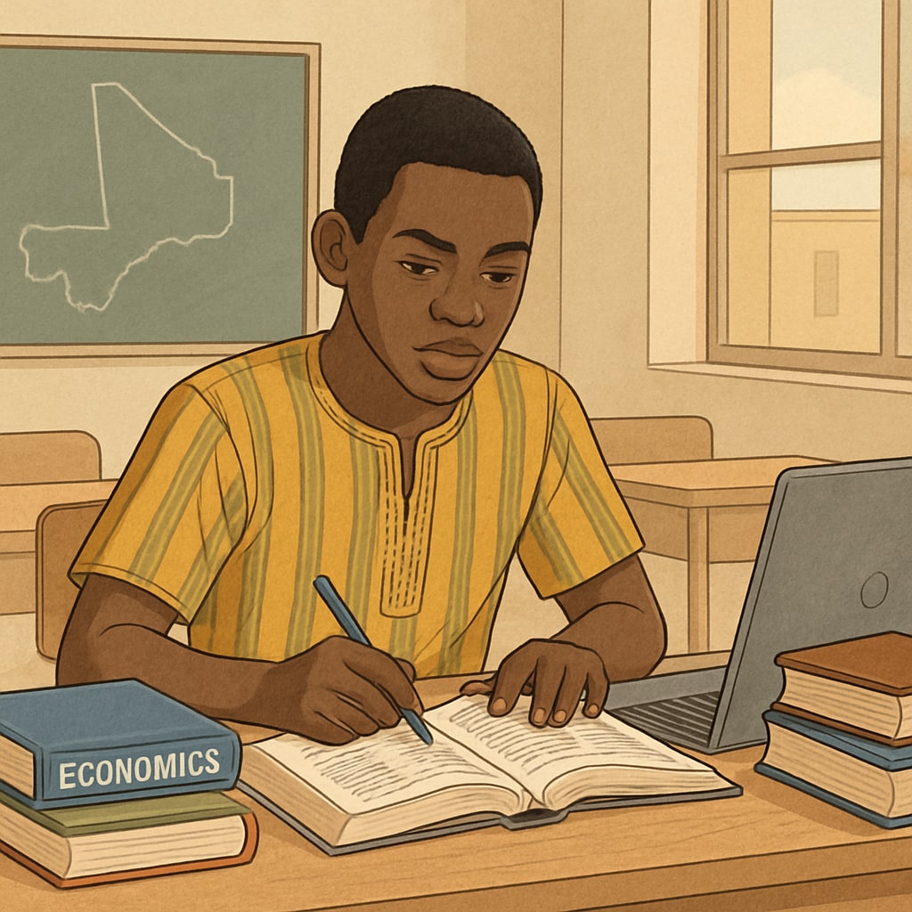 Mali finance student studying with books and laptop, representing local job challenges.