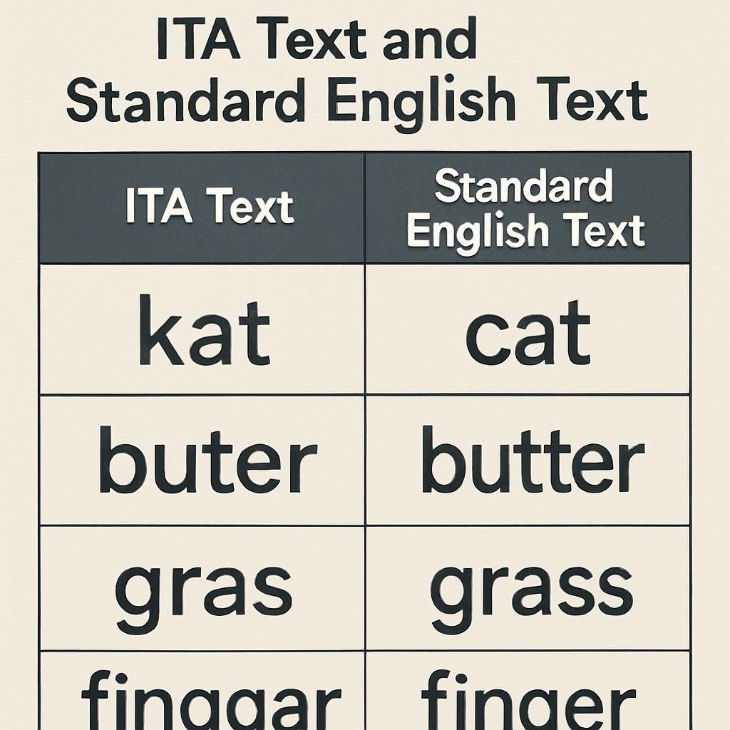 An example of ITA text alongside standard English text, highlighting the differences in spelling. A comparison of ITA and standard English spelling systems.
