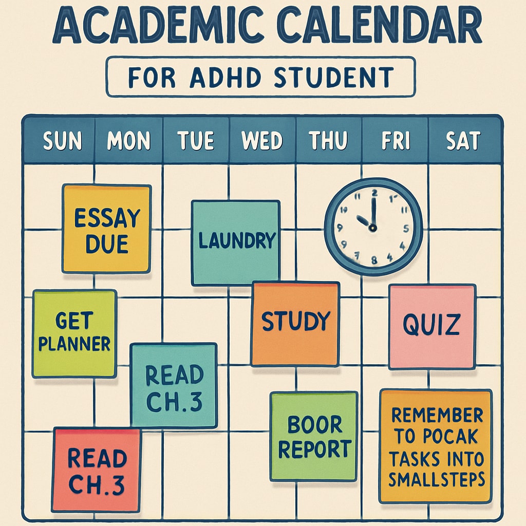 A calendar with color-coded tasks and reminders designed for an ADHD student's academic schedule, emphasizing structure and organization. ADHD-friendly calendar with color-coded tasks for academic success.