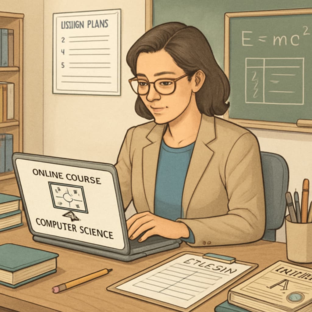 A teacher using a laptop to study an online computer science program while developing lesson plans for students. Teacher studying online computer science program for career growth and teaching innovation.