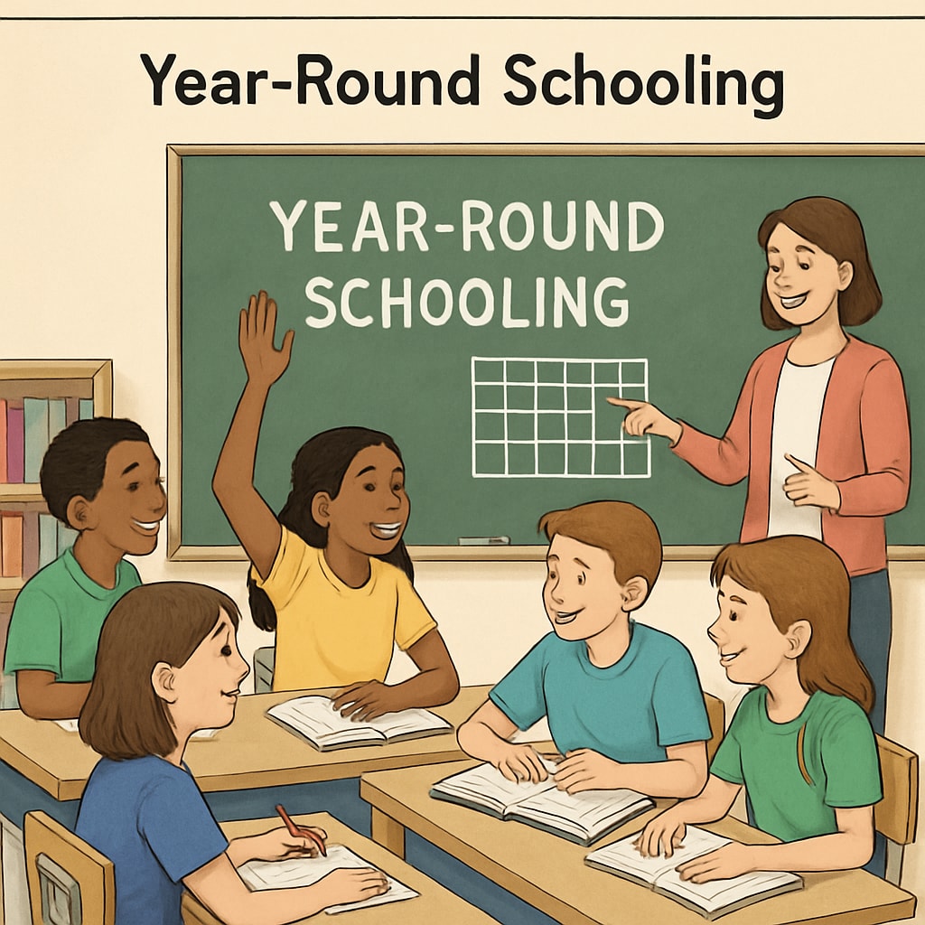 A classroom with engaged students participating in year-round schooling activities, depicting active learning. Year-round schooling classroom with engaged students learning.
