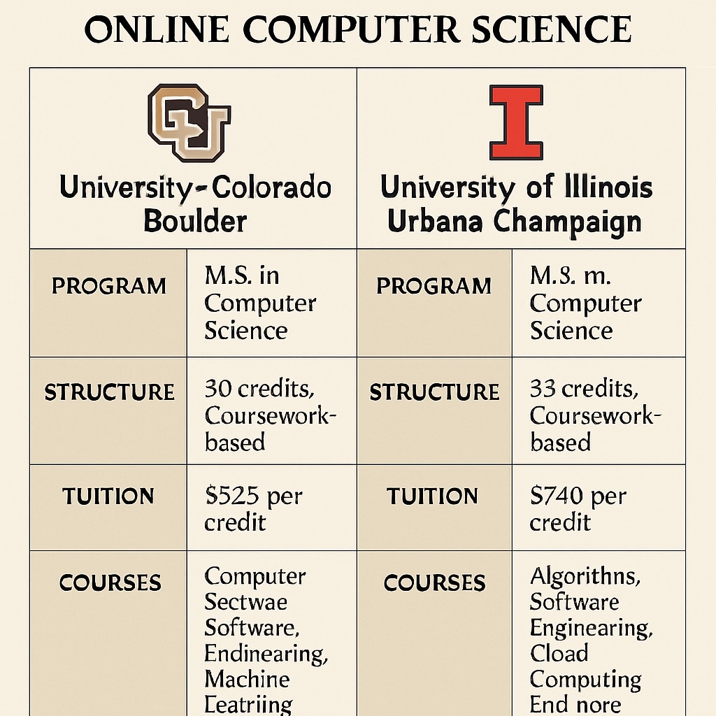 A comparison chart of the University of Colorado Boulder and University of Illinois Urbana-Champaign’s online computer science programs, highlighting their key features. Comparison of CU Boulder and UIUC online computer science programs for educators.