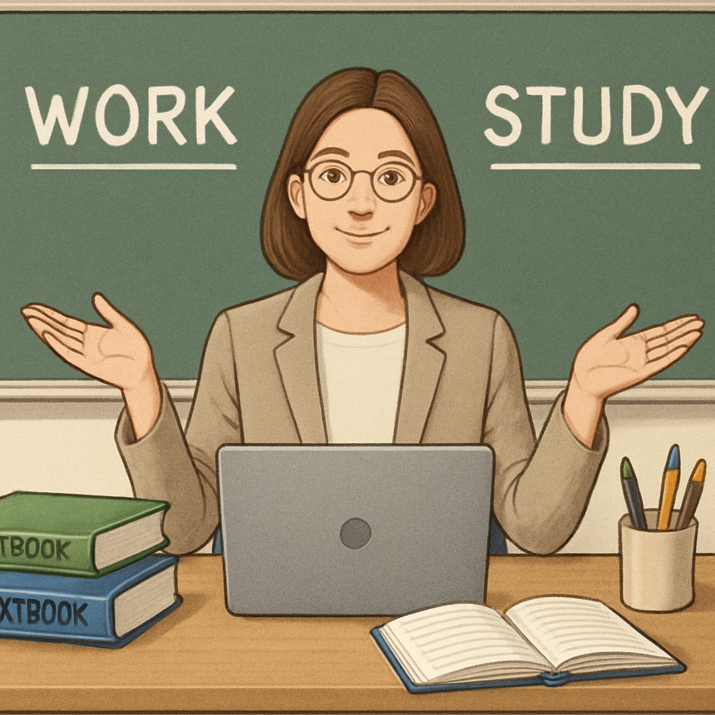 A teacher sitting at a desk with textbooks and a laptop, illustrating the balance between work and study. A teacher balancing work and study with textbooks and a laptop.