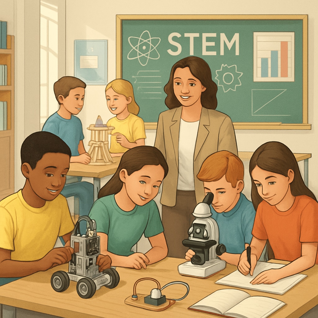 Students in a K-12 classroom actively engaging in STEM projects, showcasing modern educational strategies. K-12 students STEM projects modern educational strategies