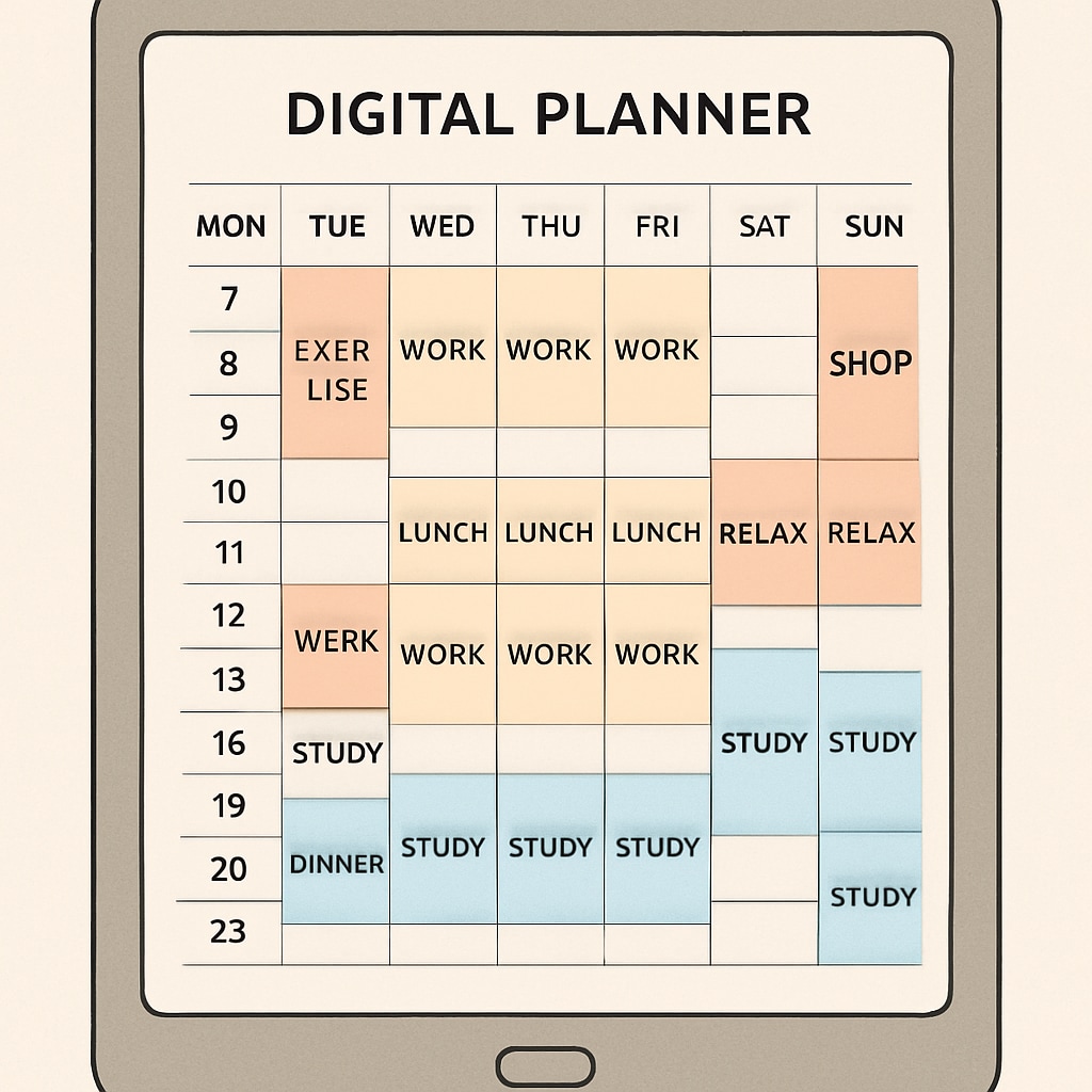 A digital planner showing a balanced weekly schedule for work, study, and personal time. Weekly planner balancing work, study, and personal commitments.