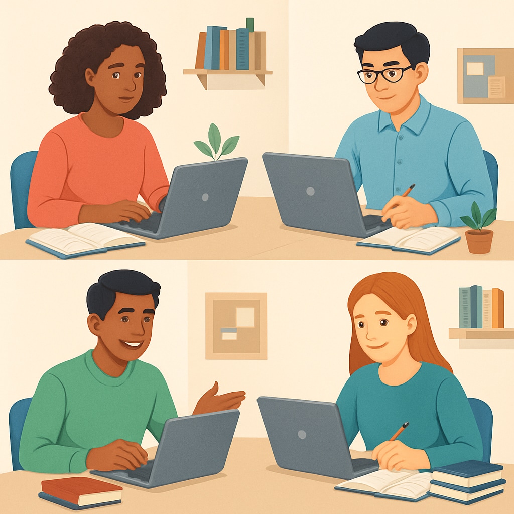 A group of international students studying from home using laptops and books. International students discussing coursework while studying remotely.