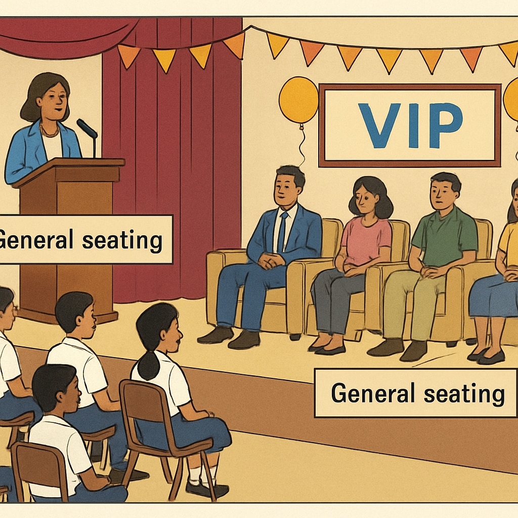 A photograph of a school event with a clear distinction between a VIP section and a general seating area, symbolizing economic disparity. School event showing a VIP section and general seating, illustrating economic disparity.