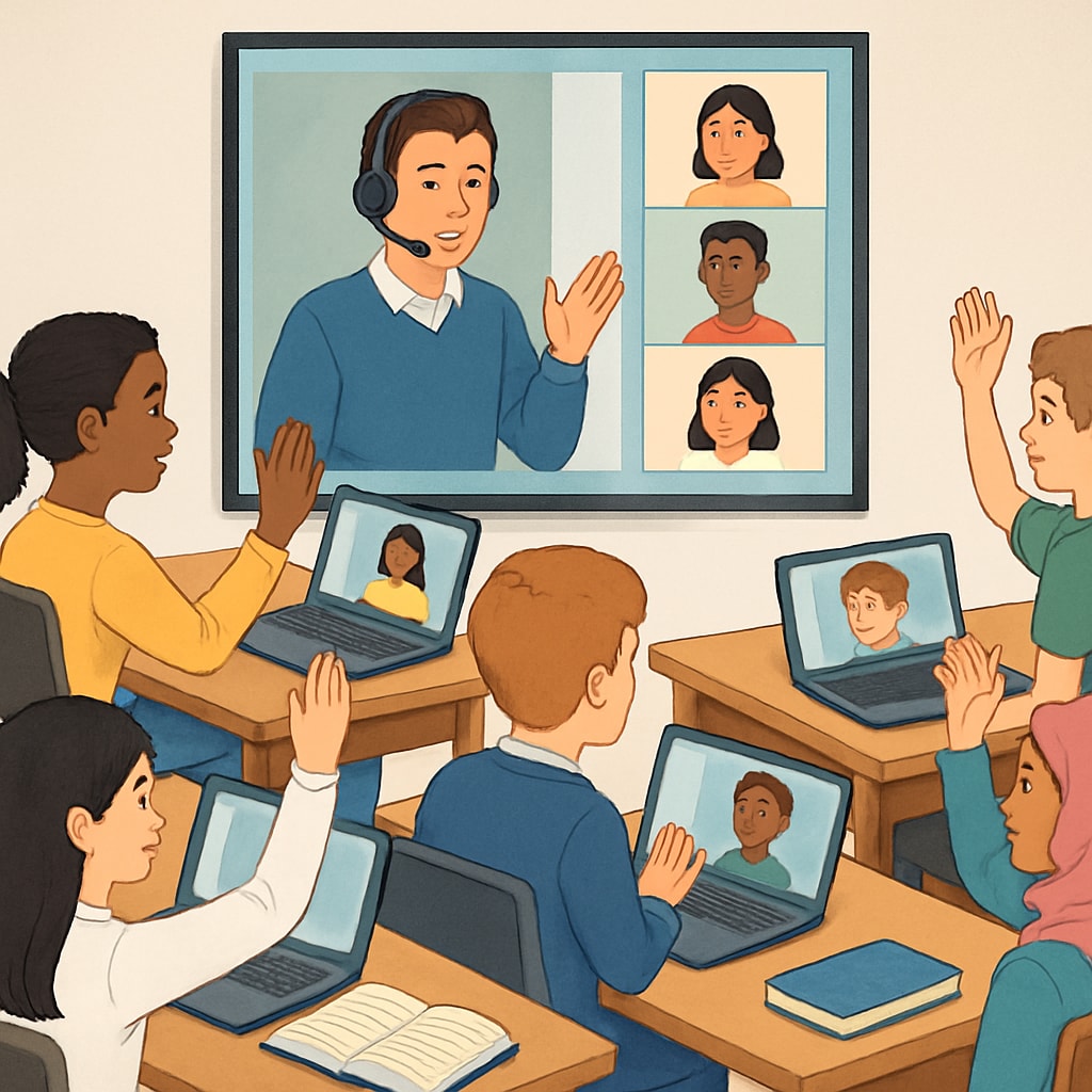 A virtual classroom with diverse students from different countries participating in an online lecture. Diverse group of international students attending an online lecture.