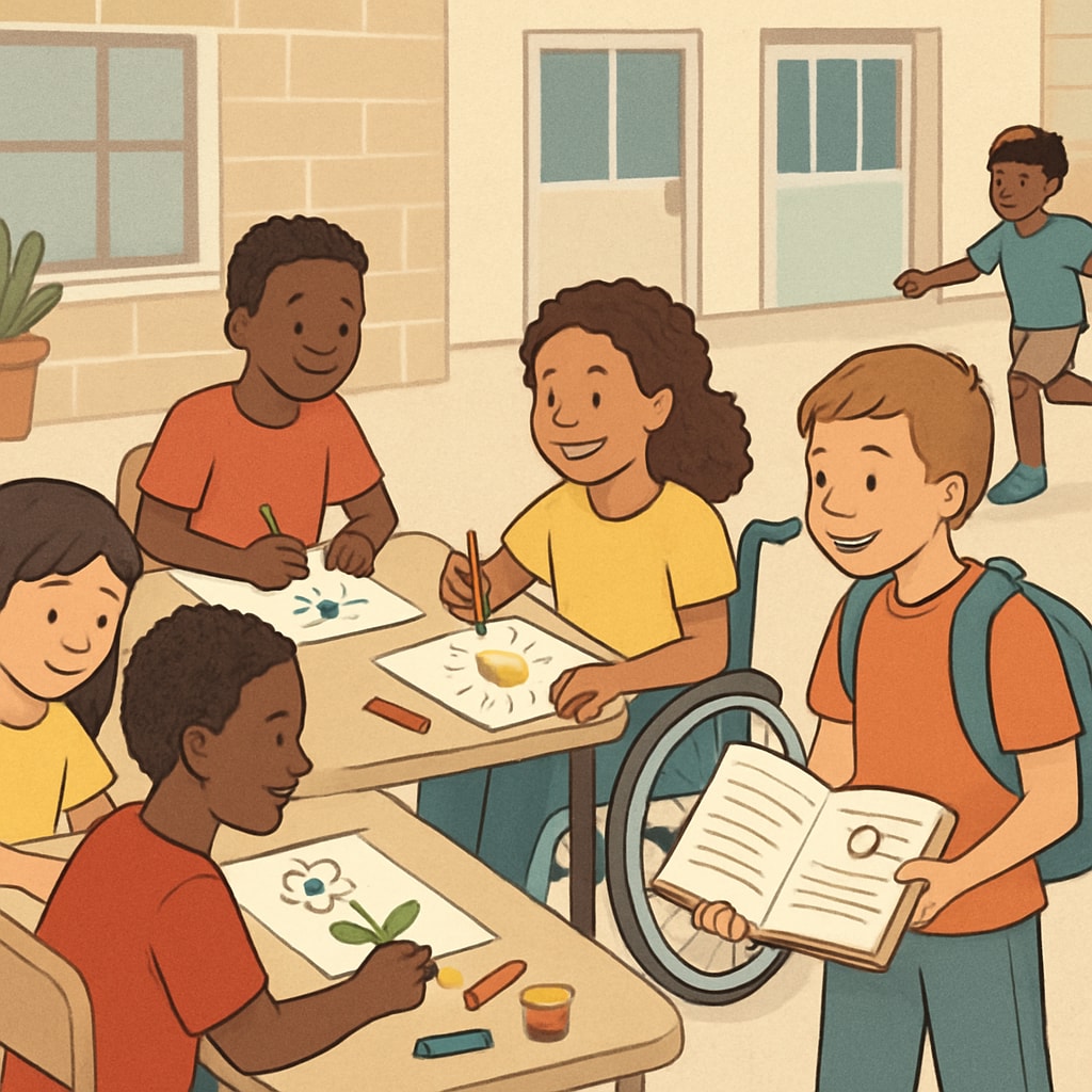 A group of children participating in a school event with diverse activities that appear equally accessible to all students, promoting inclusivity. Children at an inclusive school event with equal access activities.