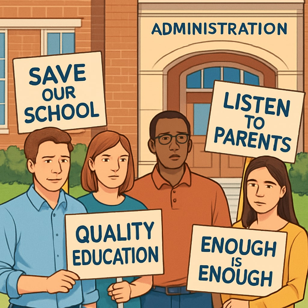 A concerned group of parents holding signs during a community protest outside a school administration building. Parents protesting school board leadership due to safety concerns.