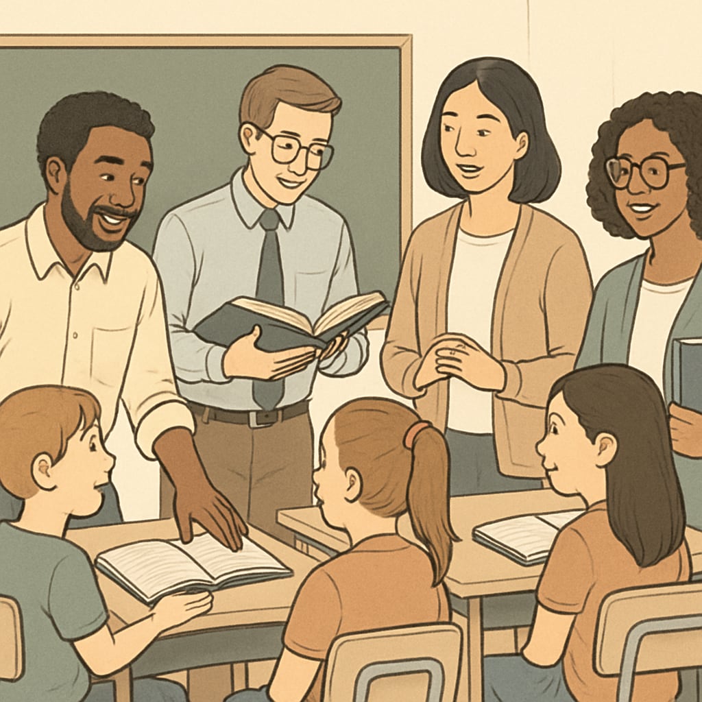 A diverse group of teachers engaging with students in a classroom setting, symbolizing teacher diversity and neutrality. Diverse group of teachers interacting with students, representing teacher diversity.