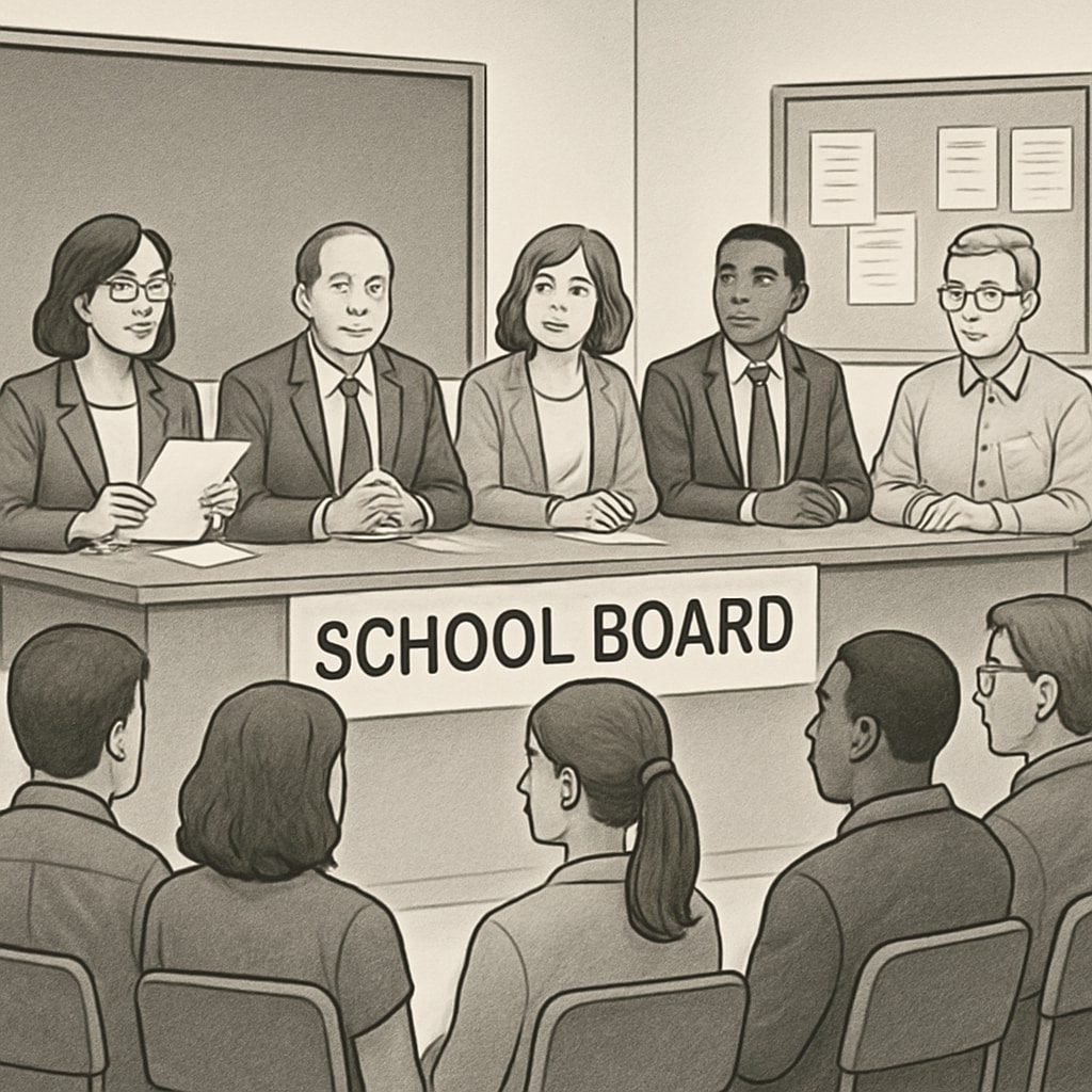 A school board meeting in session, with parents and community members observing attentively. Parents attending a school board meeting to discuss leadership concerns.