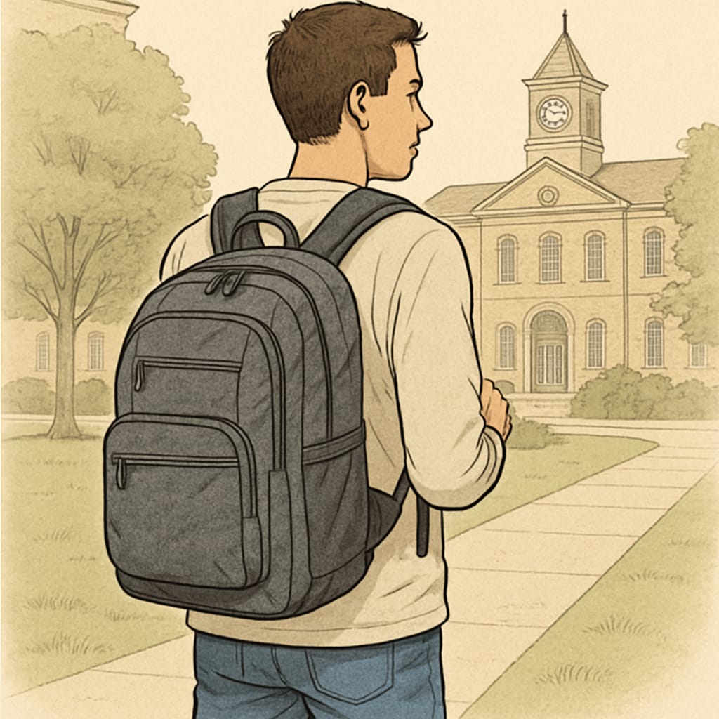 A student wearing a durable backpack while walking on campus. Durable college backpacks for students on a budget.