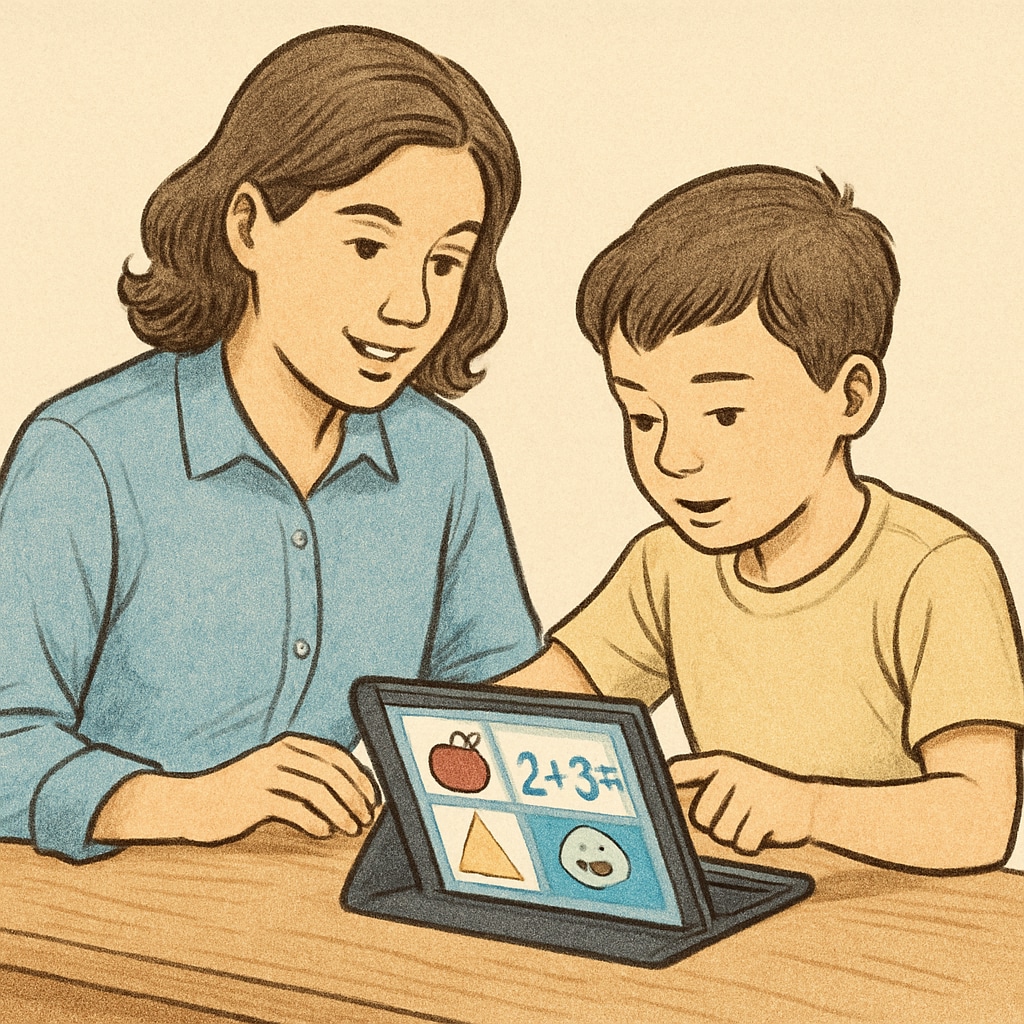 A parent and child working together on a tablet, with a colorful learning app on the screen. Parent guiding child in early education with free resources