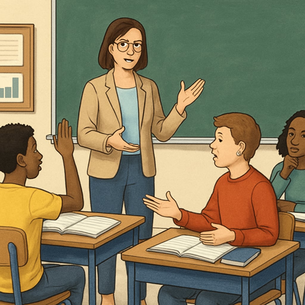 A classroom discussion with students and a teacher, promoting diverse perspectives and critical thinking. Classroom discussion highlighting diverse viewpoints and critical thinking.