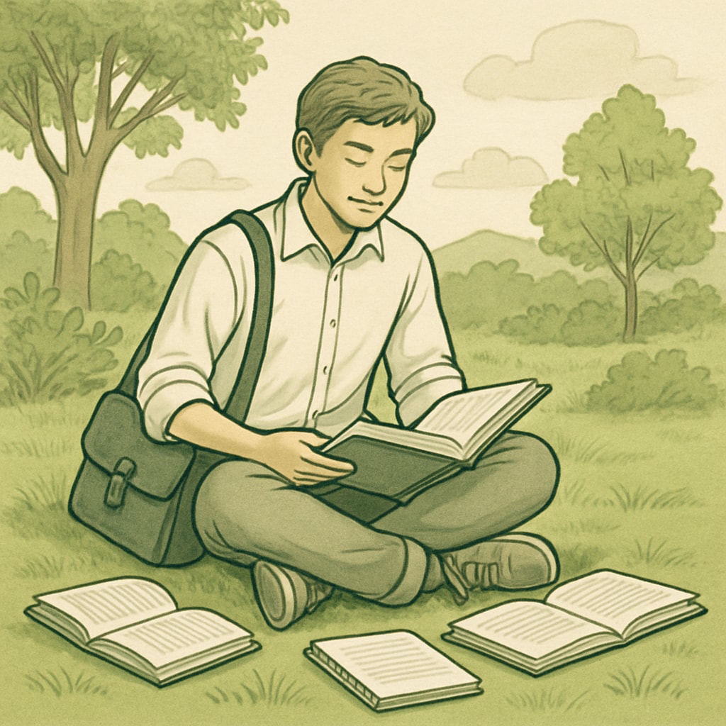 A college student using a stylish shoulder bag while studying outdoors. Stylish and functional shoulder bags for college students.