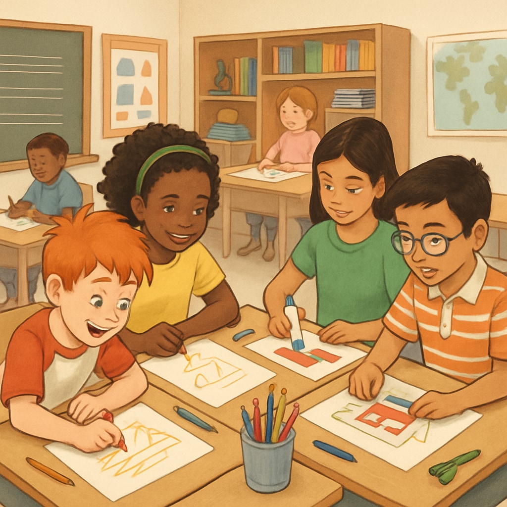 A classroom setting with diverse students, including one child with ADHD, working on creative projects together. ADHD student participating in a gifted classroom setting focused on creativity and collaboration.