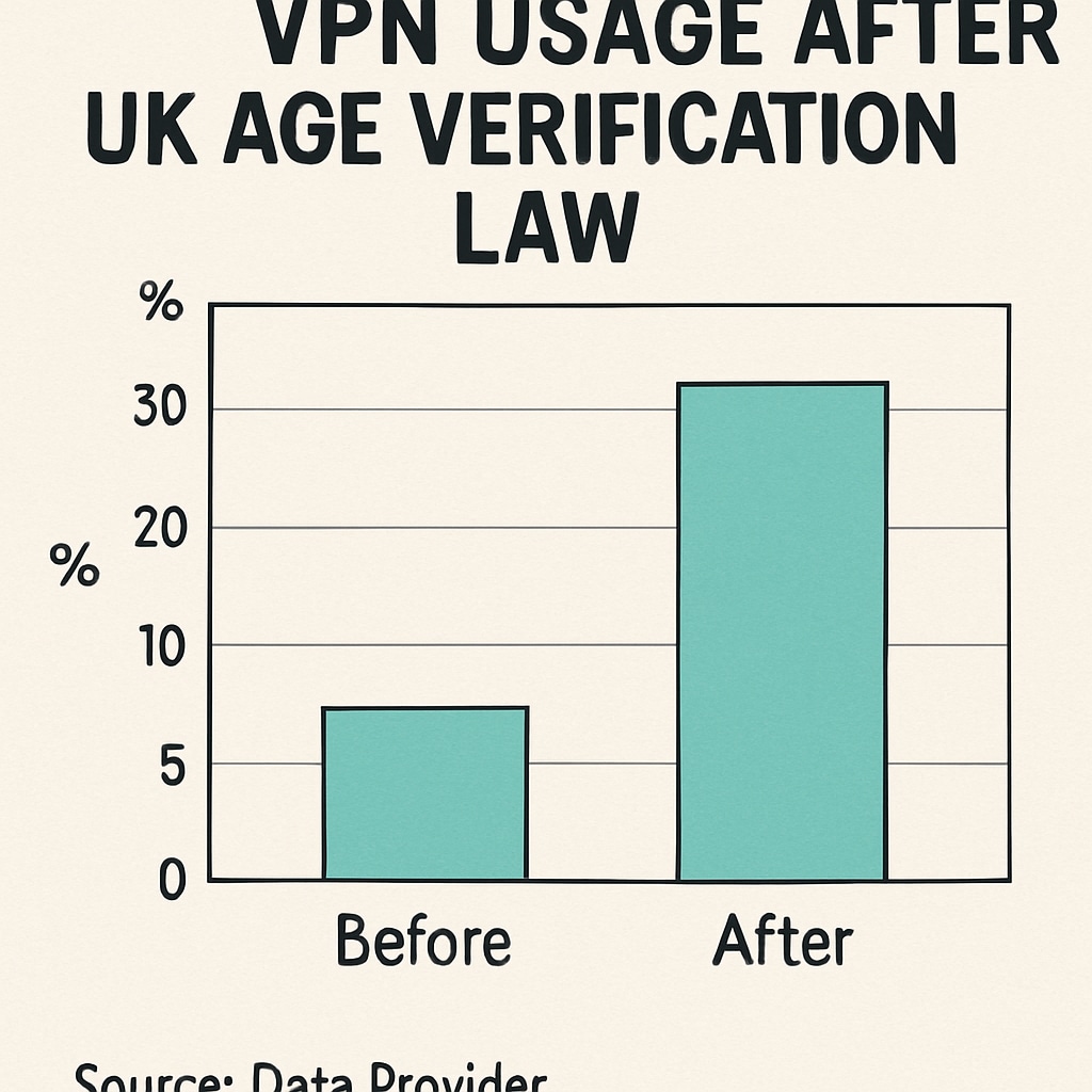 A visual representation of VPN usage statistics post-UK age verification law implementation, such as a graph or chart. Graphic showing VPN usage statistics after UK age verification law enactment.