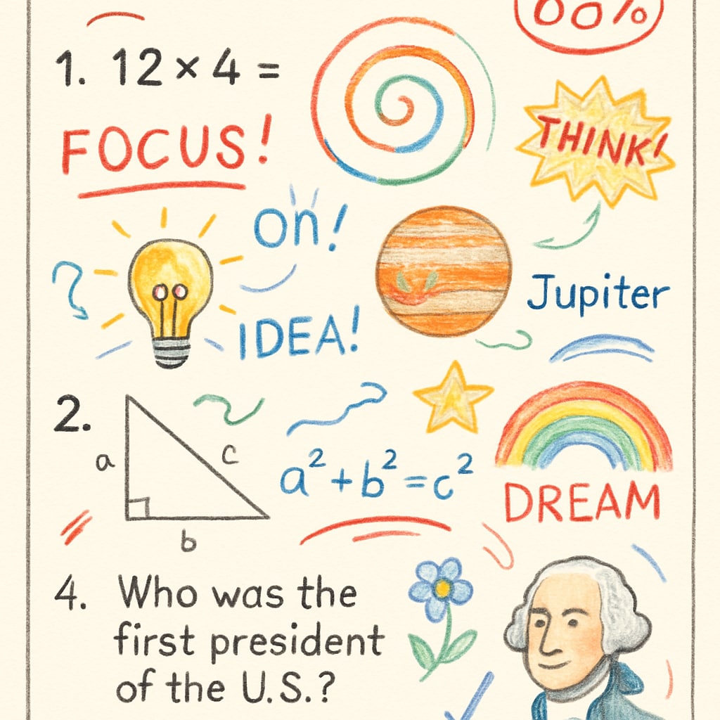 A test paper with doodles and creative notes, symbolizing ADHD students' unique learning styles. ADHD student’s creative approach to standardized tests and problem-solving.