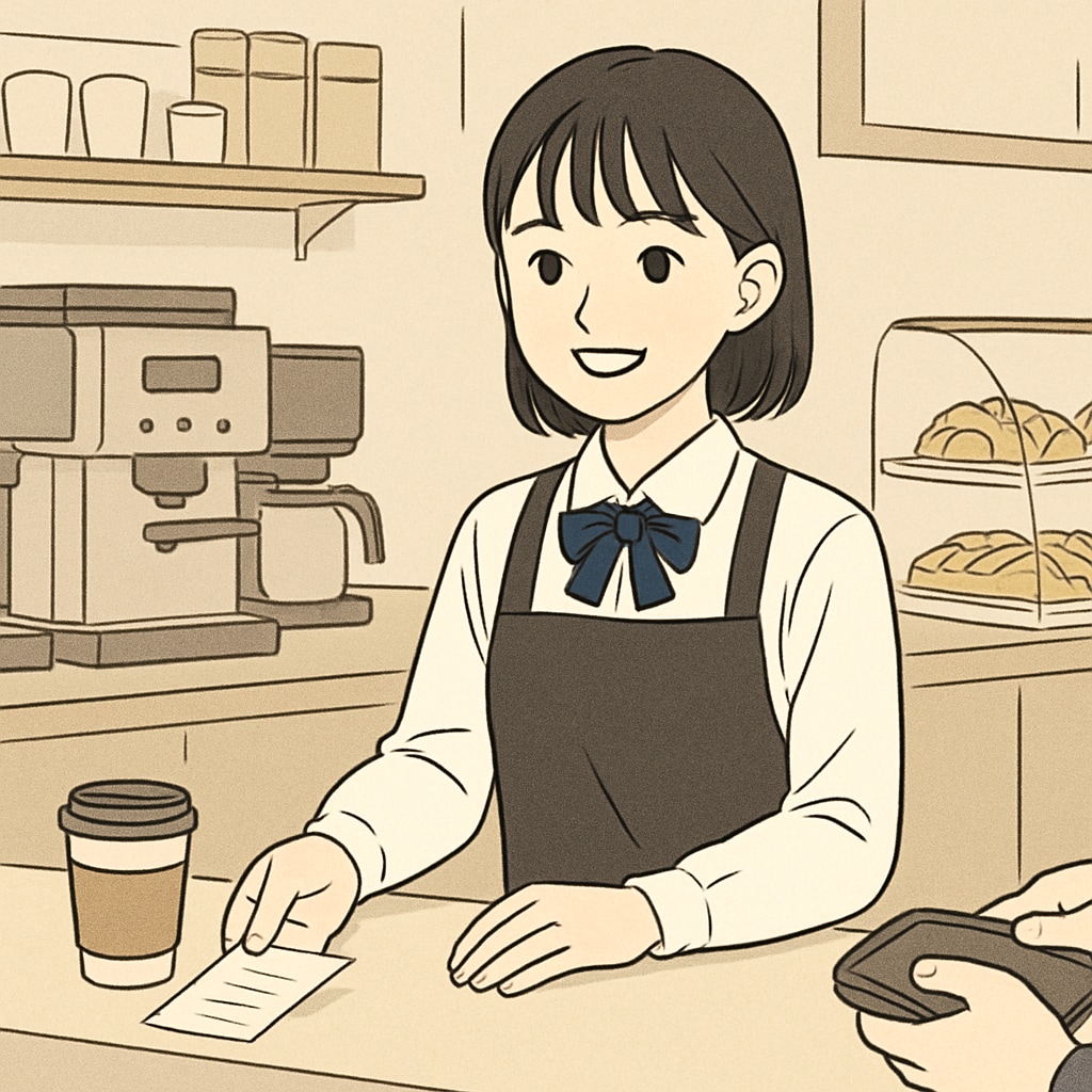 A high school student working part-time at a café counter, interacting with customers. High school student working part-time at a café as part of summer employment.