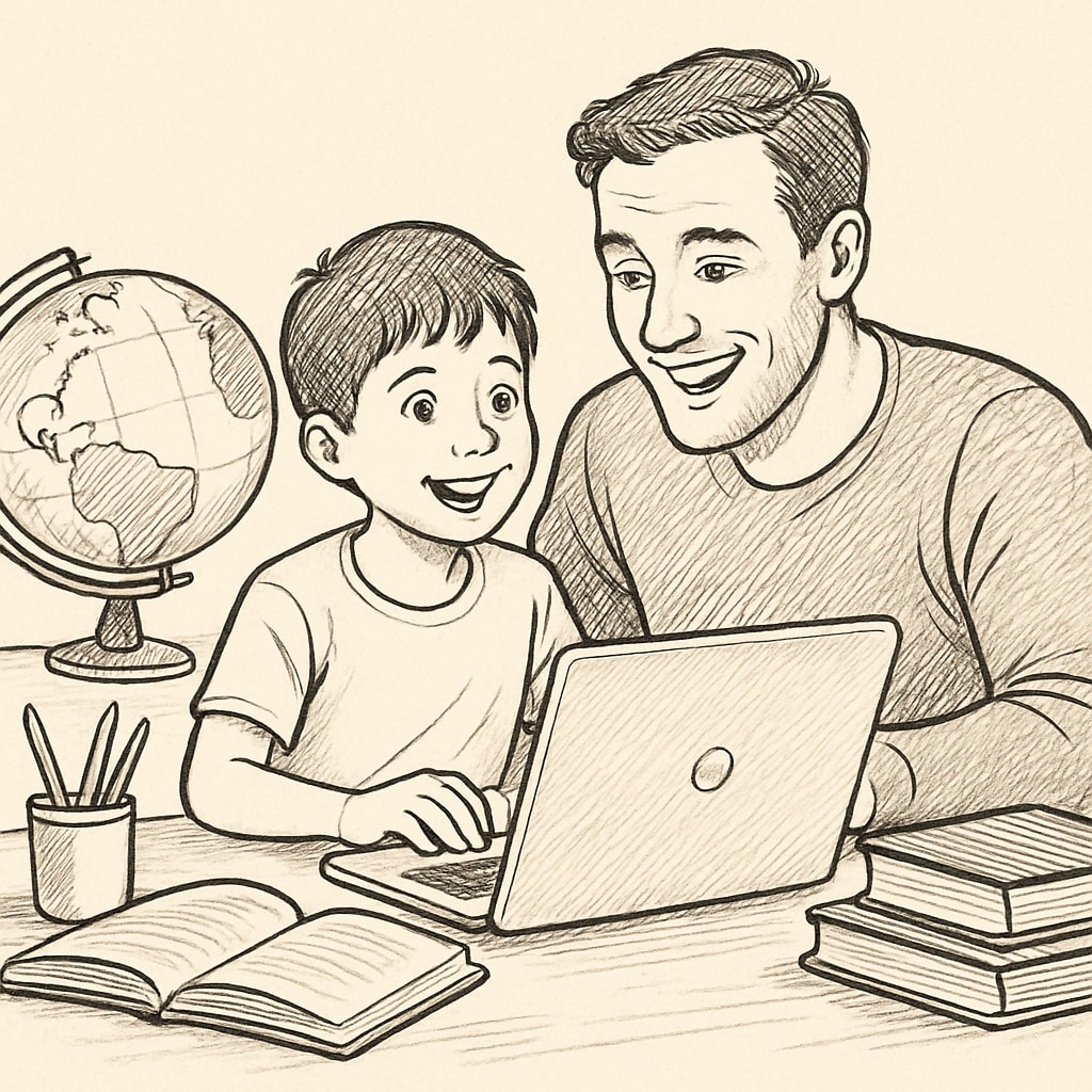 A parent and child exploring online educational platforms together on a laptop. Parent and child using online educational resources for advanced learning.