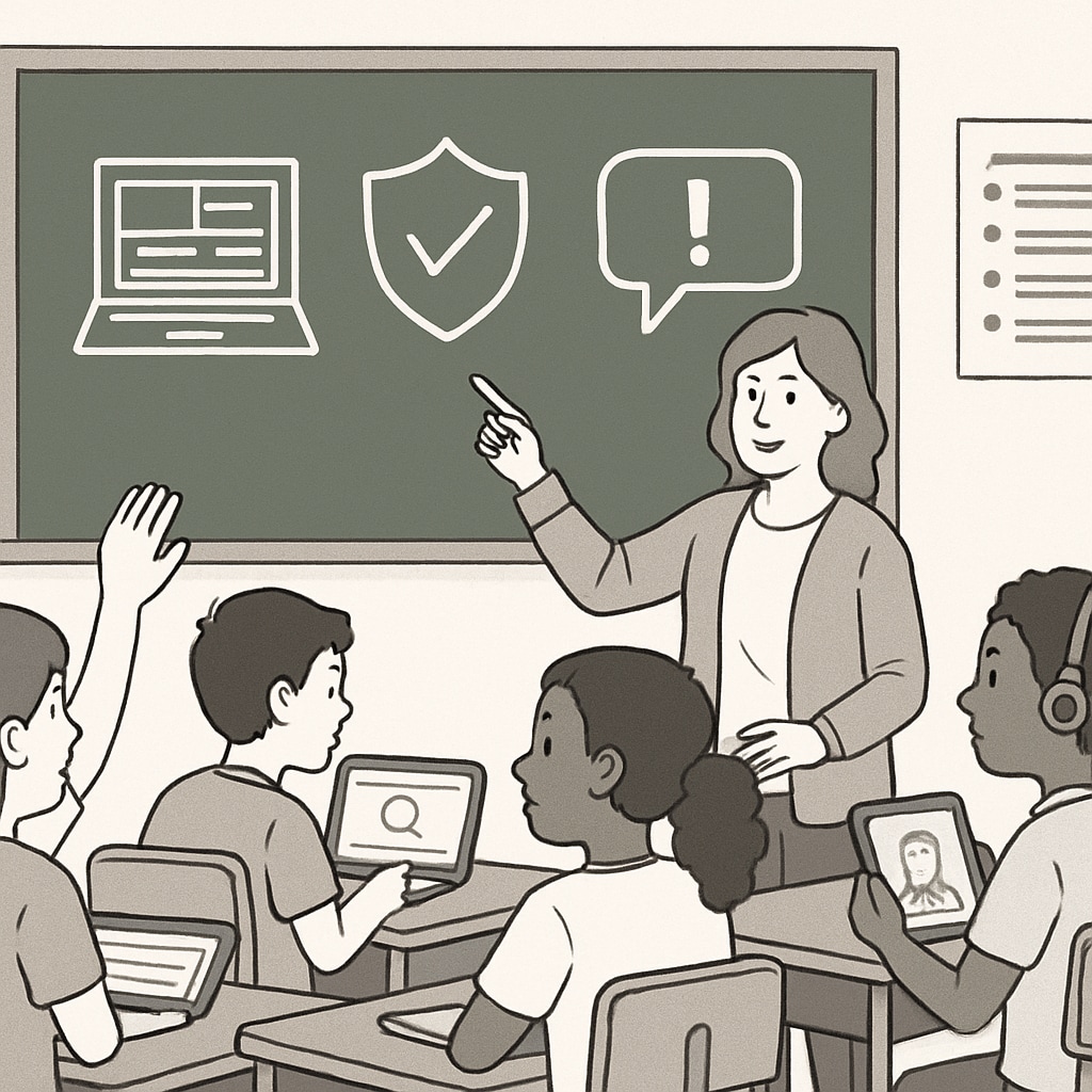 A classroom photo showing students engaged in lessons about digital literacy and responsible internet use, with a teacher guiding them. Classroom setting teaching students about digital literacy and online safety.