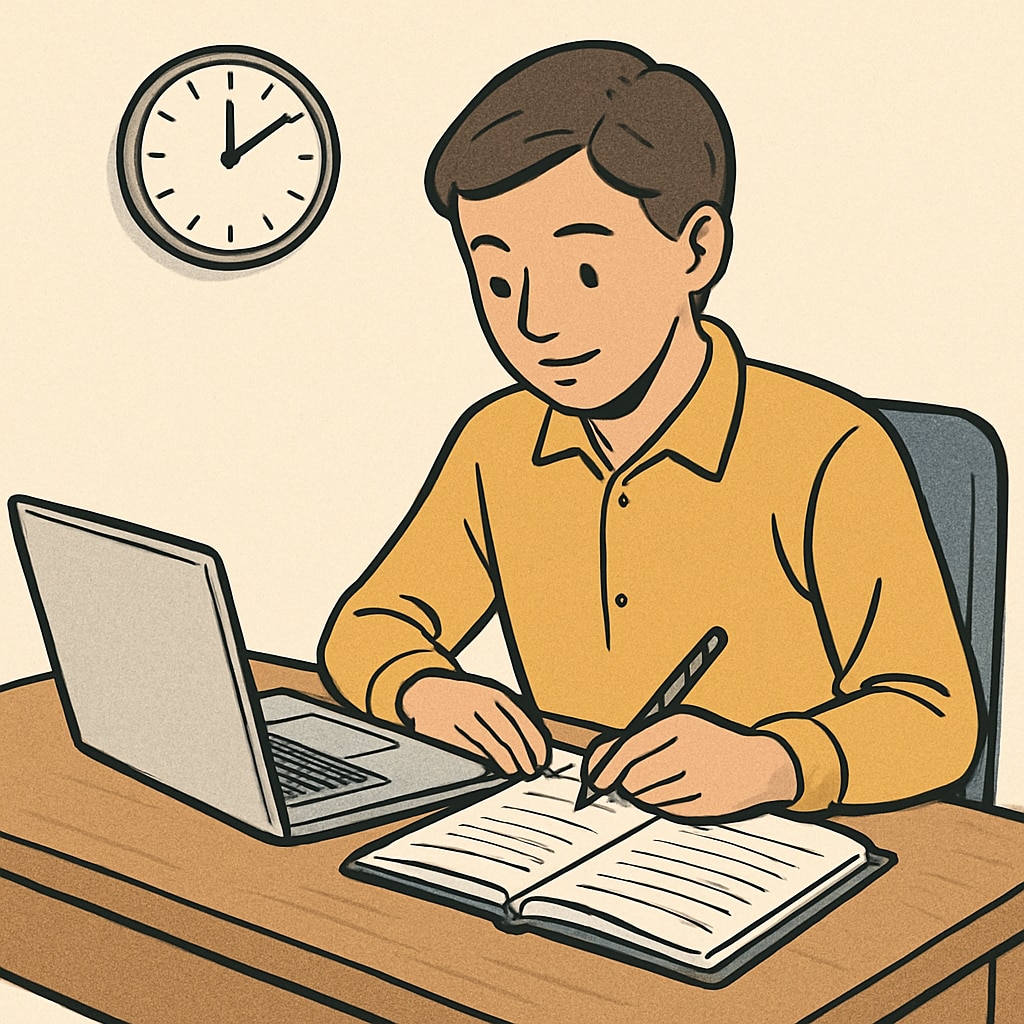 A student studying with a laptop and planner while a clock is visible in the background, symbolizing time management. Student managing their time effectively between high school jobs and academics.