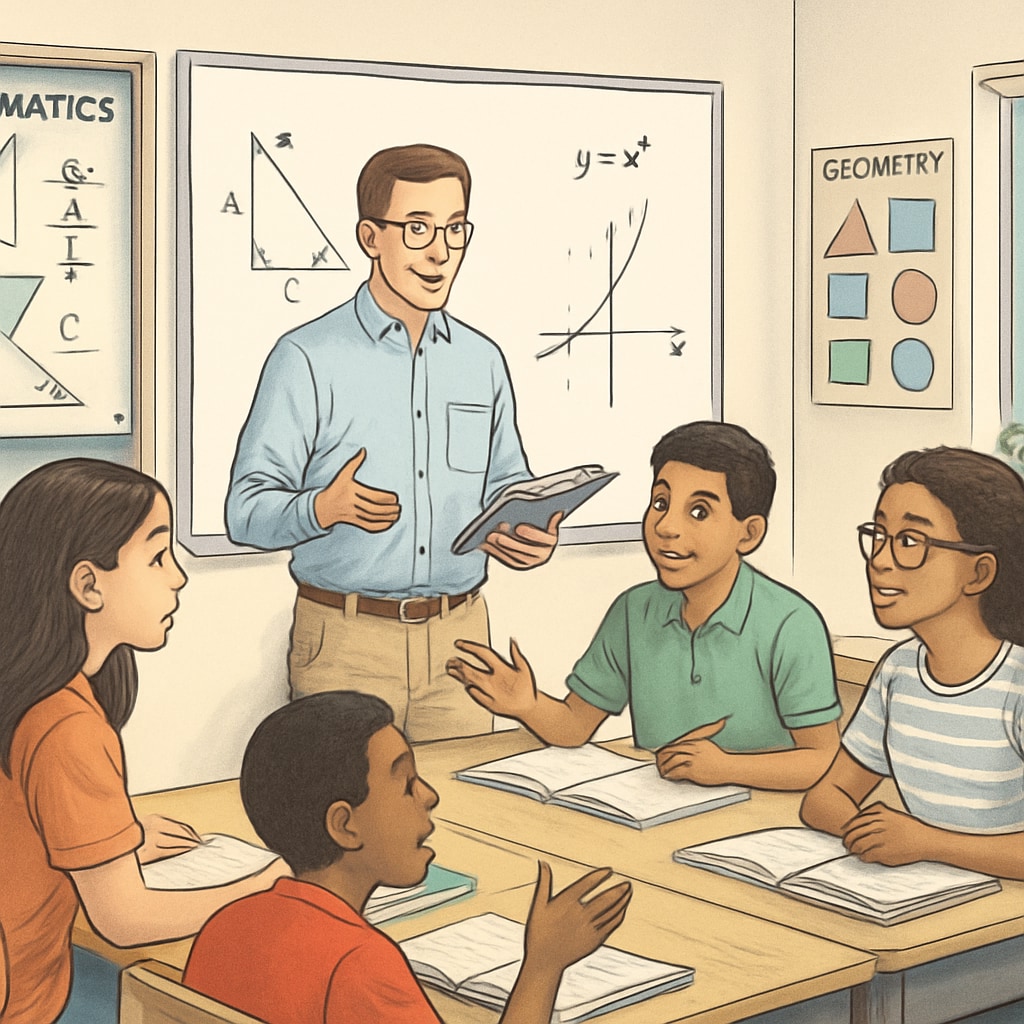 A group of diverse students discussing mathematics concepts with a teacher in a bright, engaging classroom setting. Students discussing mathematics with a teacher in an engaging classroom, promoting math education strategies.