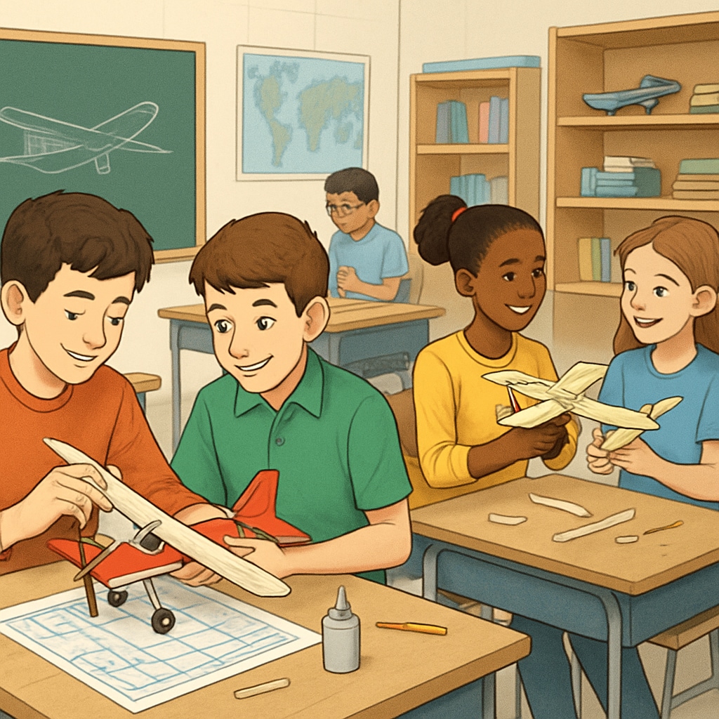 A classroom with students engaged in building model airplanes, fostering early interest in aviation. Students building model airplanes in a classroom to inspire aviation interest.