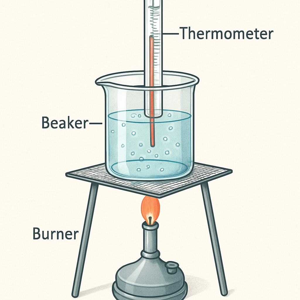 A digital illustration of a science experiment setup, including labeled components like a beaker, burner, and thermometer. Digital illustration of a science experiment diagram with labeled components.
