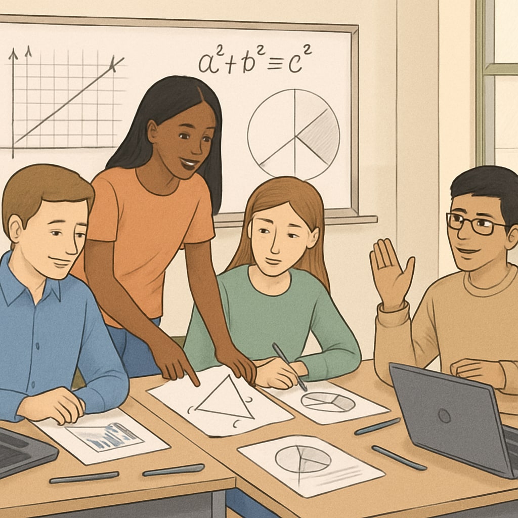 A student team working on a creative math-related project, with charts, diagrams, and laptops visible on desks. Students collaborating on a math project, showcasing student engagement and learning motivation.