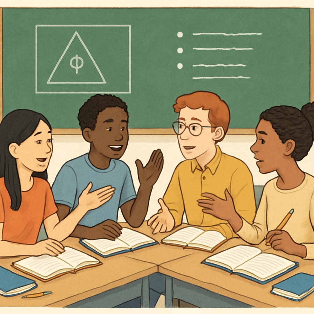 A diverse group of students actively discussing philosophical ideas in a classroom setting. Students discussing philosophy and psychology in a classroom.