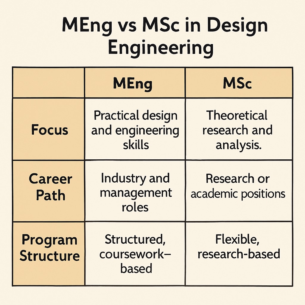 A comparative table showing the differences between MEng and MSc in design engineering, highlighting focus areas, career paths, and program structure. MEng vs MSc in design engineering comparison table