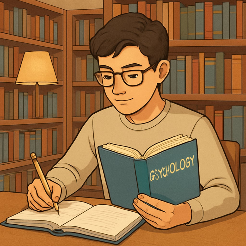 A student reading a psychology book while taking notes in a cozy library environment. Student studying psychology in a library setting.